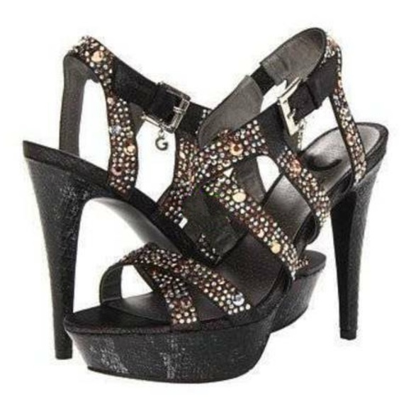 Womens Platform Heels Guess Black 9.5 Metallic Gold Studded Fx Leather Sandals - Picture 2 of 7